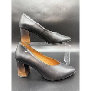 Pikolinos Black Leather Block Heel Pumps Slip On Gradient Accent Heel Size 37